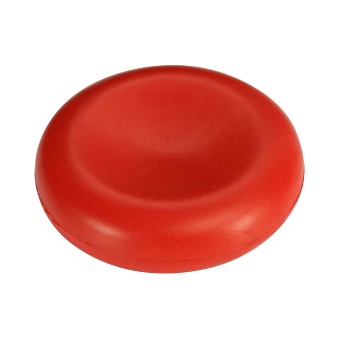 A red stress reliever shaped like a cell, with a smooth, rounded surface. It features a logo on one side.