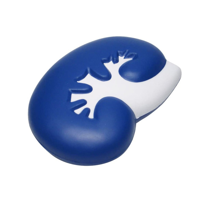 A large kidney-shaped stress reliever in blue and white, featuring a textured surface design.
