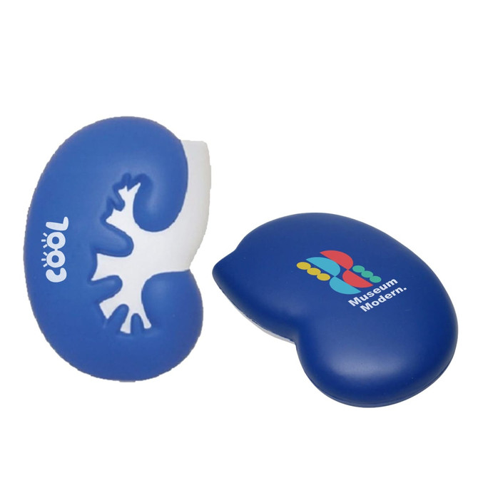 A large blue kidney-shaped stress reliever featuring a logo and a textured surface.