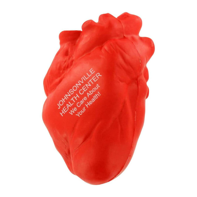 A small red heart-shaped stress reliever with a logo. It has a textured surface for squeezing.