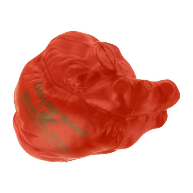 A small red heart-shaped stress reliever with a branding logo, designed as a keyring.