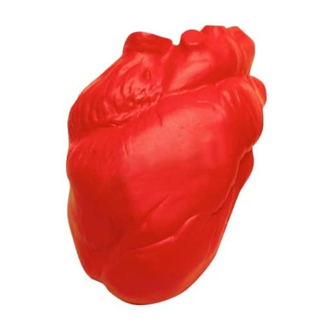 A red heart-shaped stress reliever made of soft material, featuring a detailed design and a branding logo.