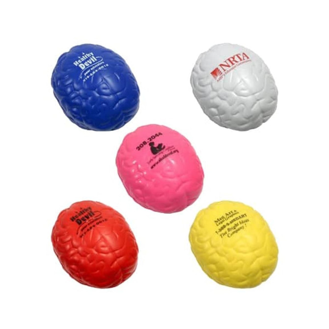 A collection of large brain-shaped stress relievers in blue, white, pink, red, and yellow with various logos.
