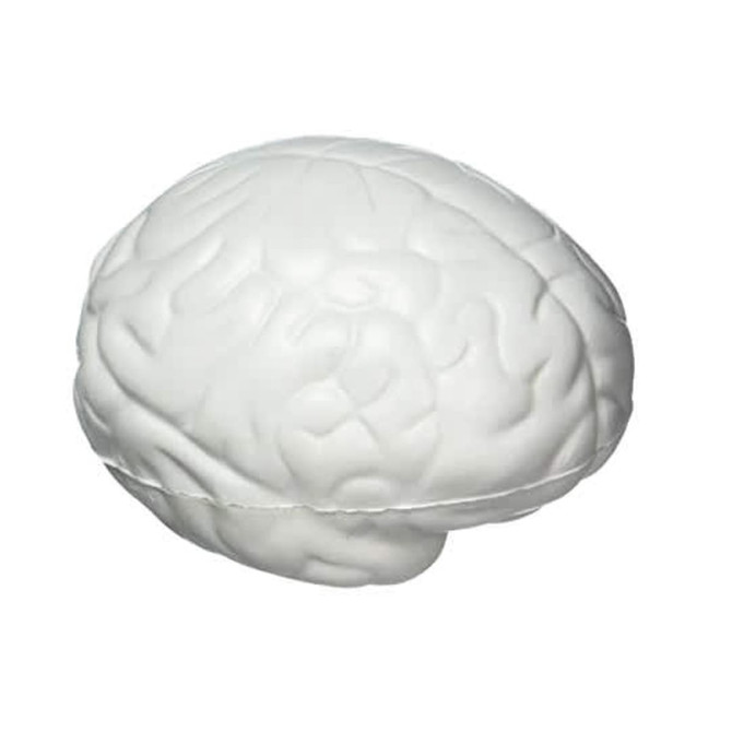 A white brain-shaped stress reliever featuring realistic texture and shape. It includes a logo.