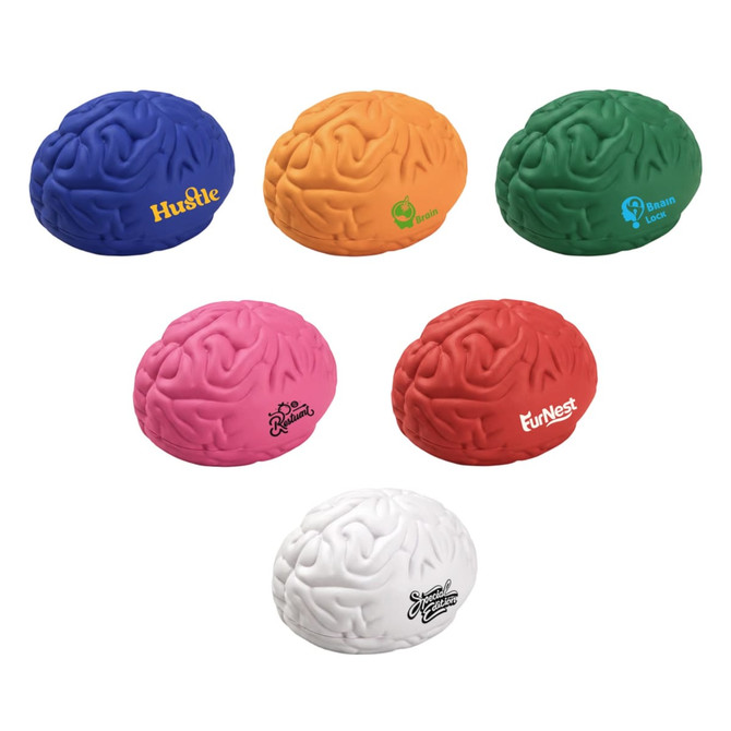 A collection of large brain-shaped stress relievers in blue, orange, pink, red, green, and white, featuring various logos.