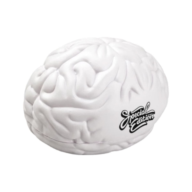 A white brain-shaped stress reliever with a textured surface and a logo on the side.