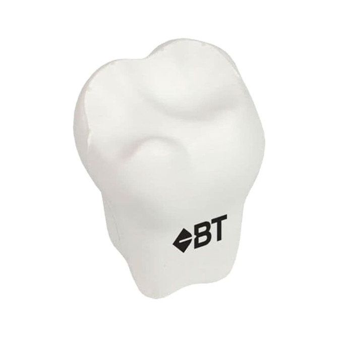 A white tooth-shaped stress reliever with a logo, designed as a fun keyring accessory.