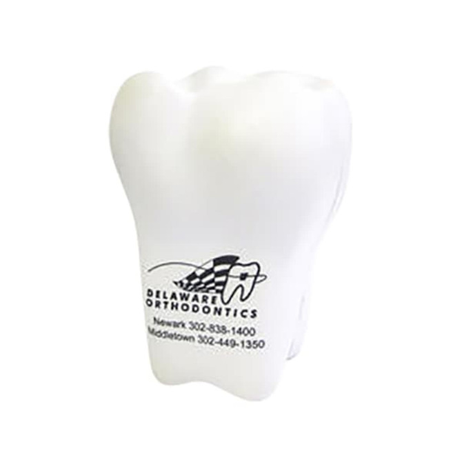 A white tooth-shaped stress reliever with a logo, designed as a fun stress keyring.