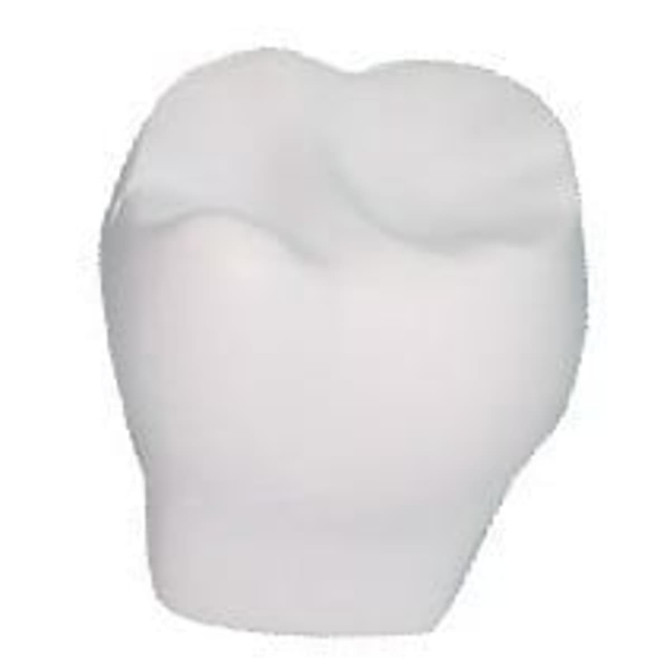 A white, tooth-shaped stress reliever, featuring a smooth, rounded design. It includes a logo on one side.