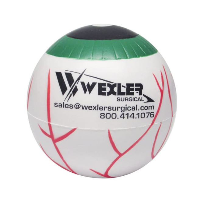 A stress ball shaped like an eye, featuring a white body with red veins and a black and green top. It has a logo.