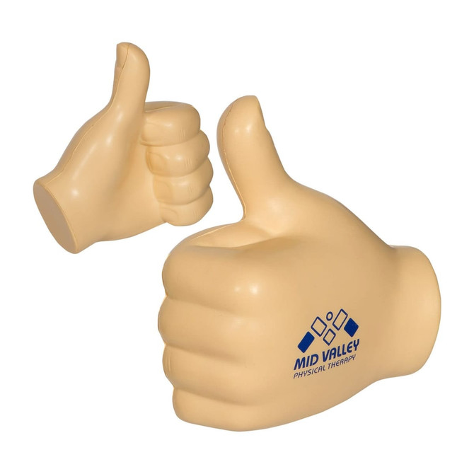 A beige fist-shaped stress reliever with a thumb-up design and a logo. Ideal for stress relief activities.
