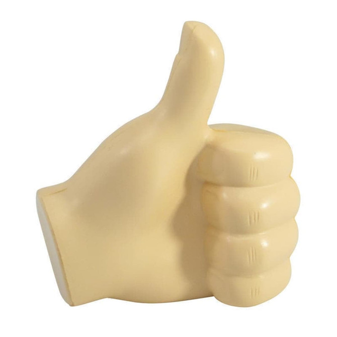 A fist-shaped stress reliever in a light beige colour with a thumbs-up design. It features a logo on the surface.