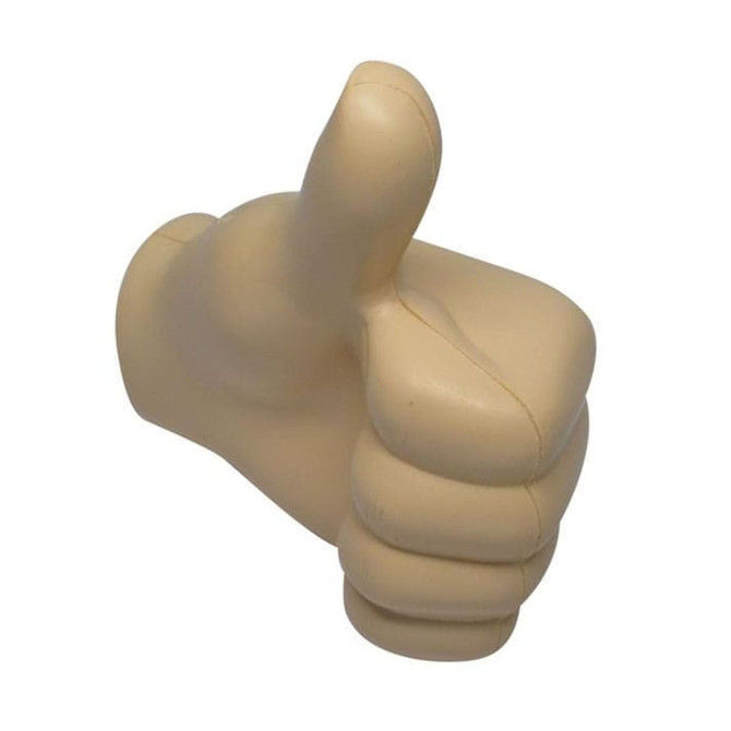 A beige fist-shaped stress reliever with thumb raised, featuring a soft and squeezable design.