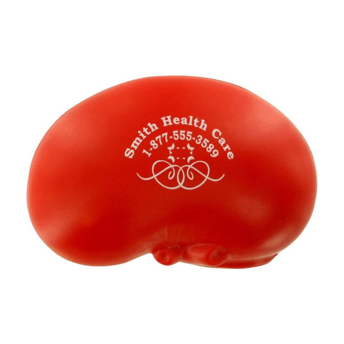 A red kidney-shaped stress reliever with a logo and text on the surface, featuring a smooth finish.