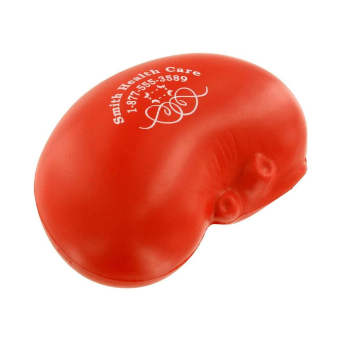 Red kidney-shaped stress reliever with a logo on its surface.