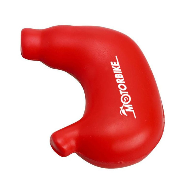 A red stomach-shaped stress reliever with a logo on its surface.