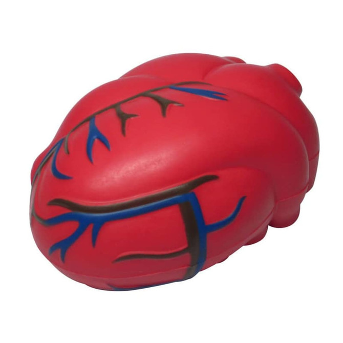 A red cardiac-shaped stress reliever with blue and black detailing. It has a smooth, squeezable texture.