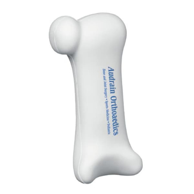 A white human bones-shaped stress reliever featuring a logo, ideal for stress relief and fun.