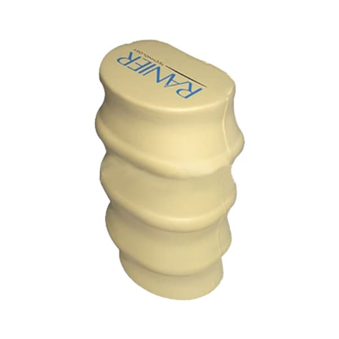 A cream-coloured spine-shaped stress reliever with a logo on the top, designed for stress relief.