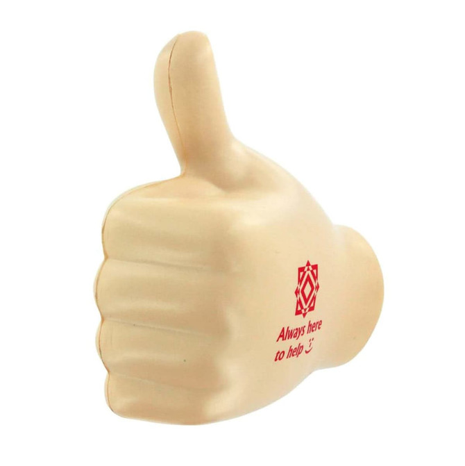 A beige thumb-shaped stress reliever with a logo and text printed on it.