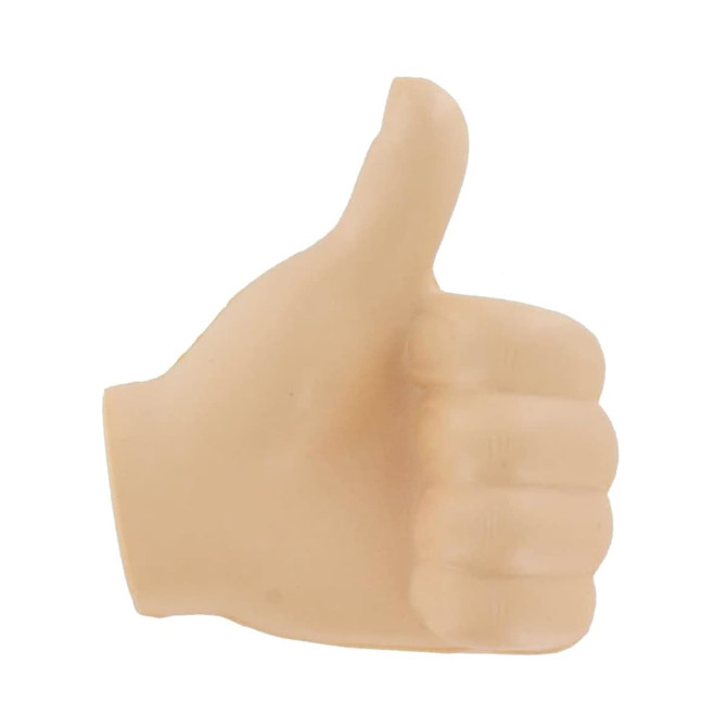 A beige thumb-shaped stress reliever, featuring a raised thumb for a positive gesture. It has a smooth, soft texture.