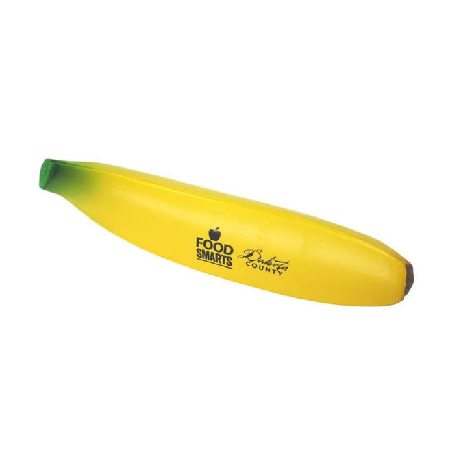 A yellow banana-shaped stress reliever with a green tip and a brown end, featuring a logo.