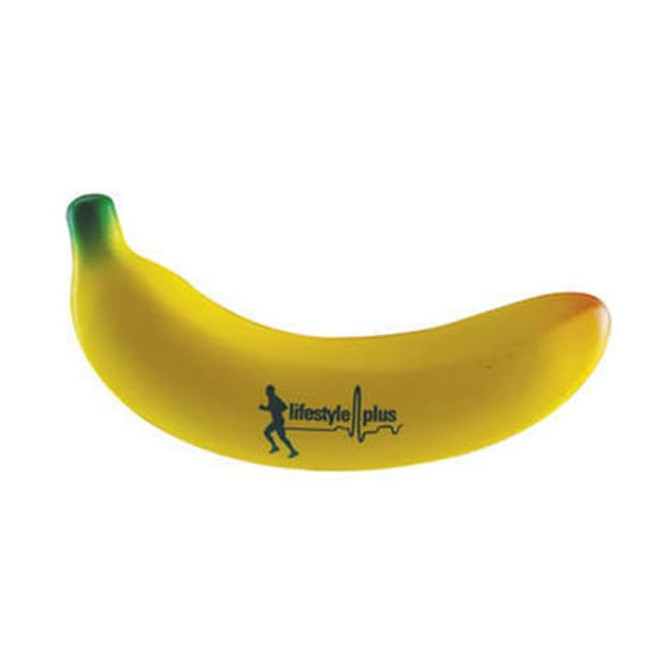 A yellow banana-shaped stress reliever with a green tip, featuring a logo on its side.