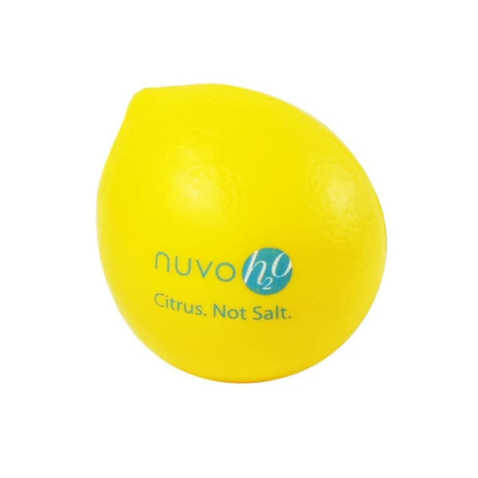 A yellow lemon-shaped stress reliever with a logo. The texture appears smooth and soft, ideal for squeezing.