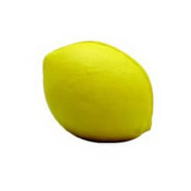 A bright yellow lemon-shaped stress reliever, featuring a smooth texture and rounded form. Contains a brand logo.