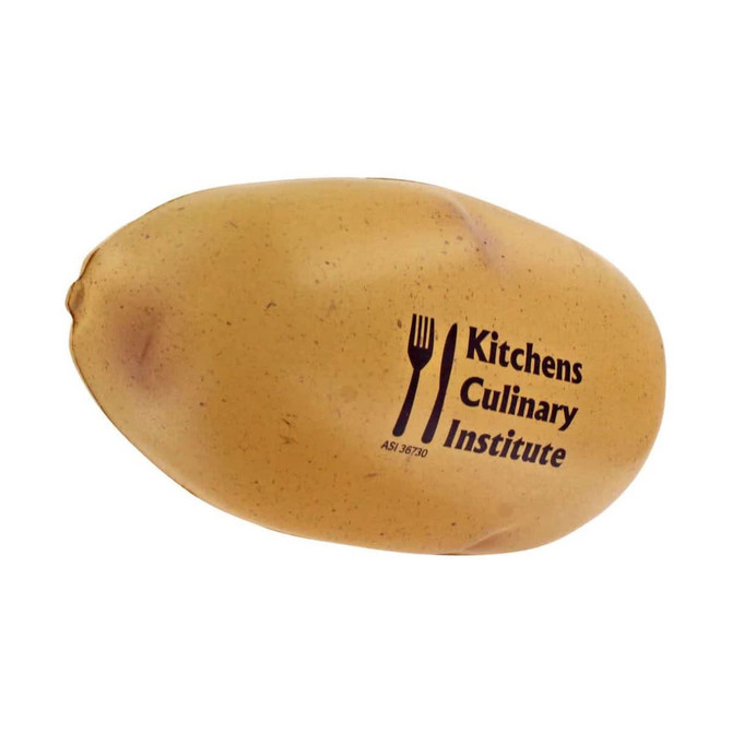 A yellow potato-shaped stress reliever featuring a logo.