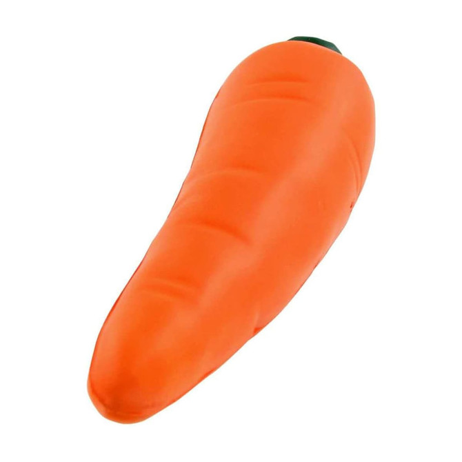 An orange carrot-shaped stress reliever with a green top, featuring a smooth surface and a subtle texture.
