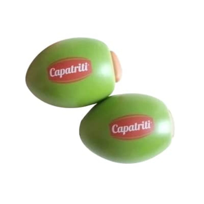 Two green olive-shaped stress relievers with a logo. They are smooth and designed for relaxation and fun.