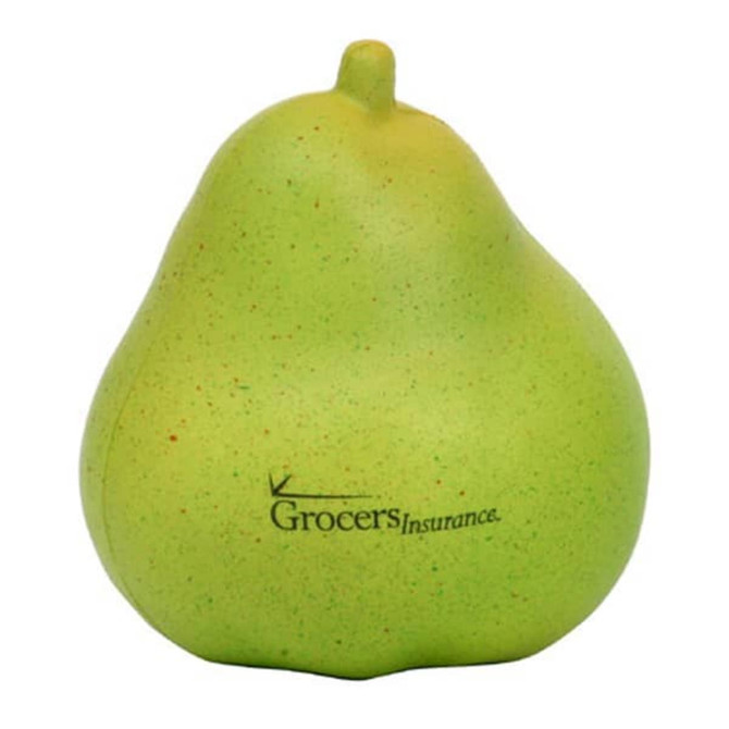 A pear-shaped stress reliever in vibrant green, featuring a logo. Ideal for stress relief and fun.
