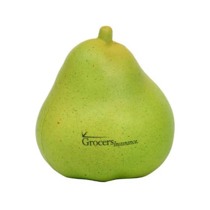 A green, pear-shaped stress reliever featuring a logo on its surface. The item has a smooth texture.
