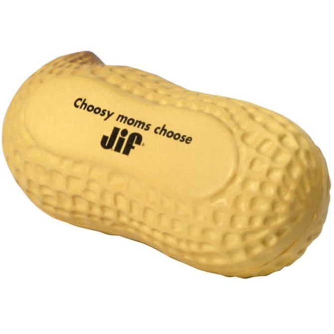 A yellow peanut-shaped stress reliever with a textured surface and branding on one side.