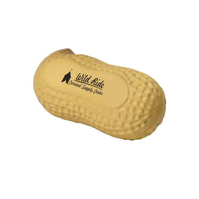 A yellow peanut-shaped stress reliever with a logo on its surface, featuring a textured design.