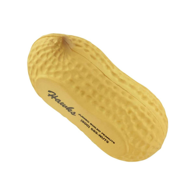 A yellow peanut-shaped stress reliever with a textured surface, featuring a logo on one side.
