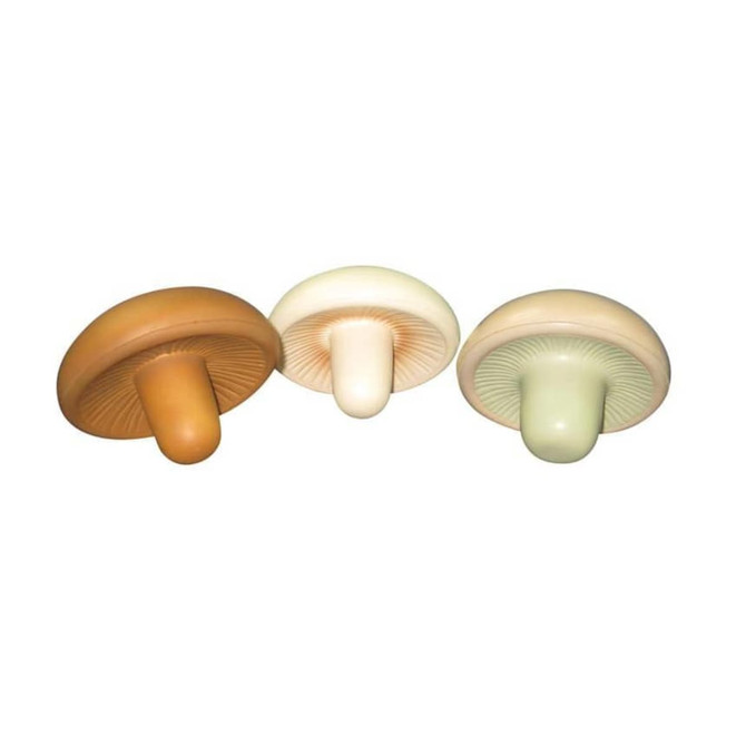 A set of three mushroom-shaped stress relievers in brown, white, and light green. Each features a soft, squishy design.