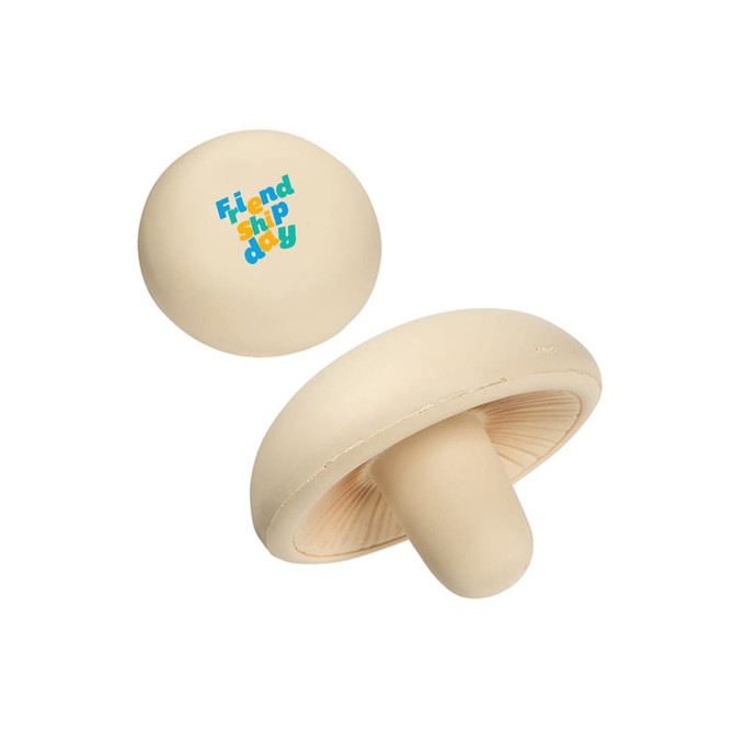 A mushroom-shaped stress reliever in cream colour with a logo printed on its surface.