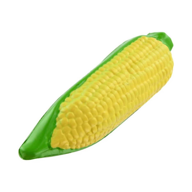 A corn-shaped stress reliever in vibrant yellow with green detailing, designed for fun and relaxation.