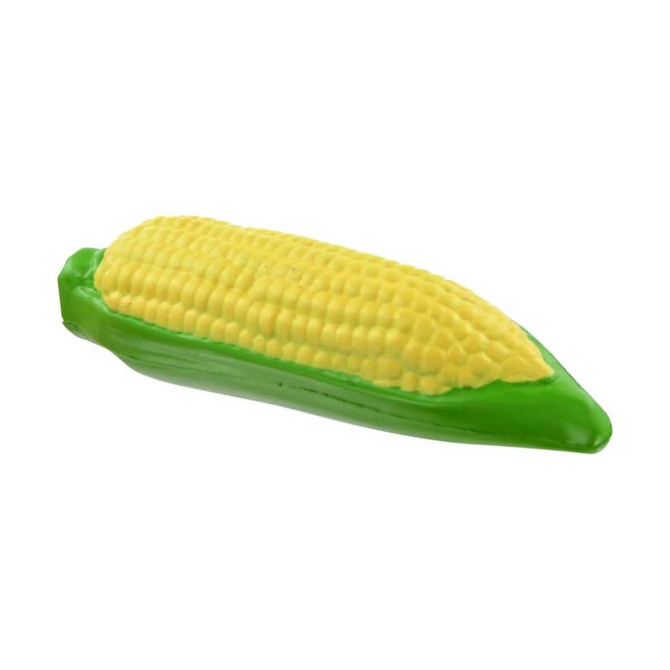 A corn-shaped stress reliever in yellow and green, featuring a textured surface resembling corn kernels.
