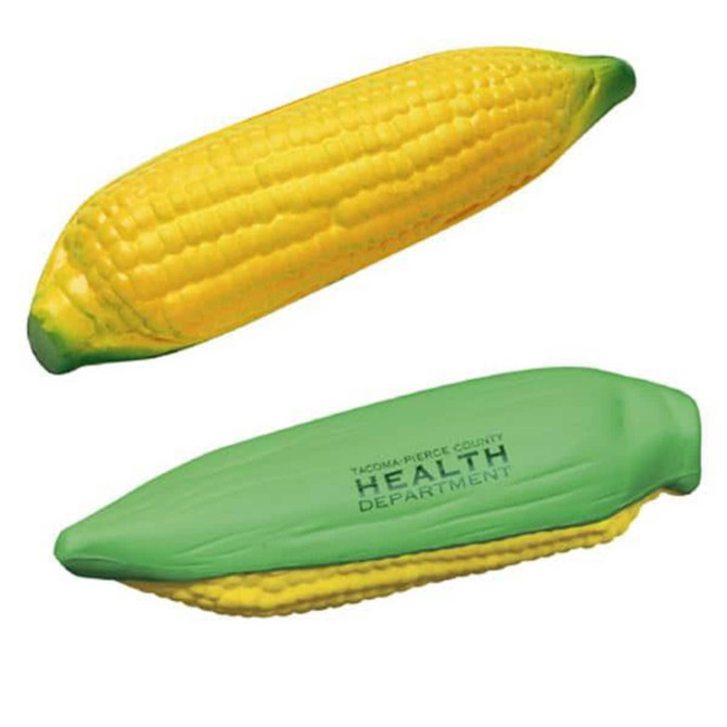 A yellow corn-shaped stress reliever with green accents, featuring a logo. Promotes fun and relaxation.