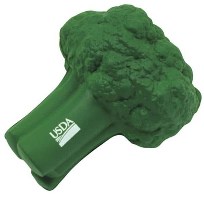 A green cauliflower-shaped stress reliever made of soft material, featuring a logo.
