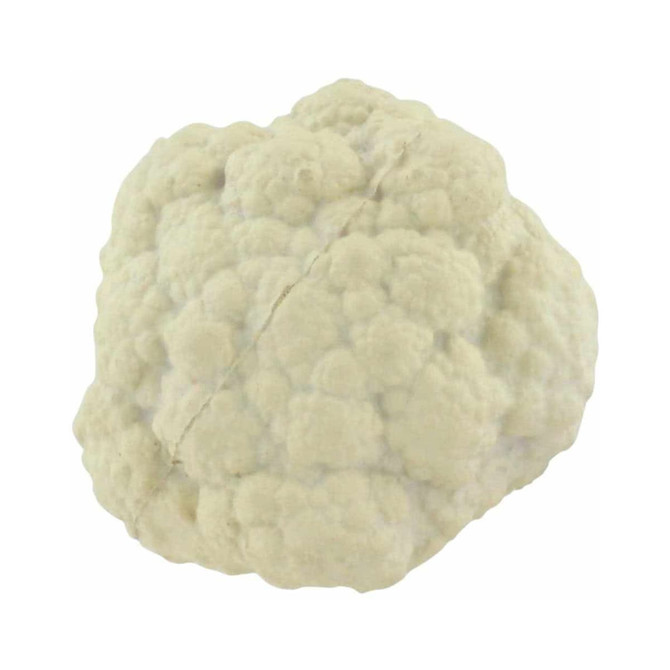 A cauliflower-shaped stress reliever in off-white, resembling a realistic vegetable. Includes a logo.