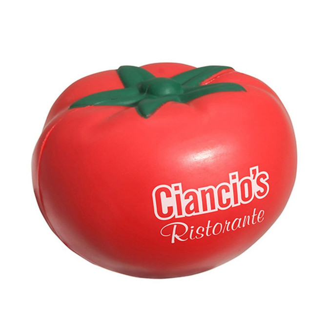A red tomato-shaped stress reliever with a green stem, featuring a logo.