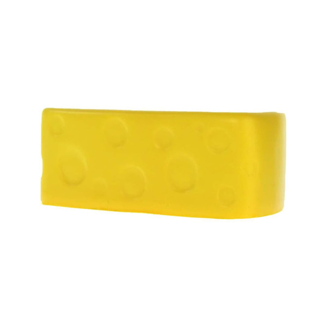A yellow cheese-shaped stress reliever with a smooth texture and small raised holes, featuring a logo.