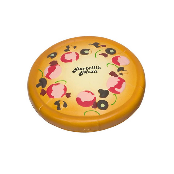 A pizza-shaped stress reliever in yellow with colourful toppings and a logo on top.