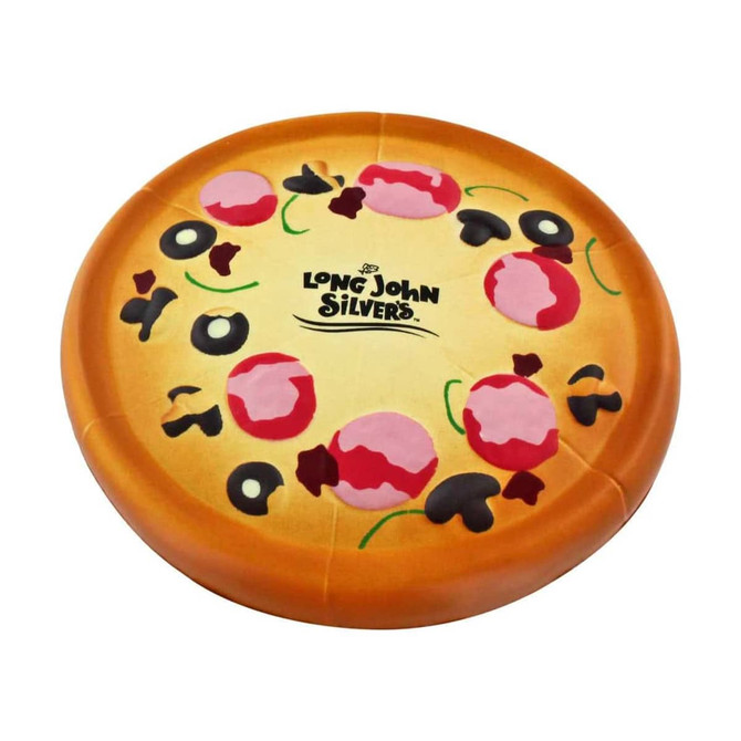 A pizza-shaped stress reliever, featuring toppings like pepperoni and olives, in warm yellow and brown tones.