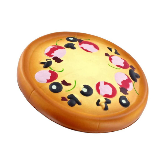 A pizza-shaped stress reliever featuring a brown crust and colourful toppings including peppers and olives.