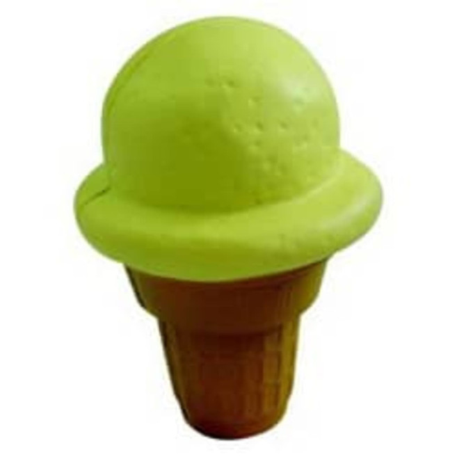 A green ice cream shape stress reliever in a brown cone design, featuring a textured surface. A green ice cream shape stress reliever in a brown cone design, featuring a textured surface.